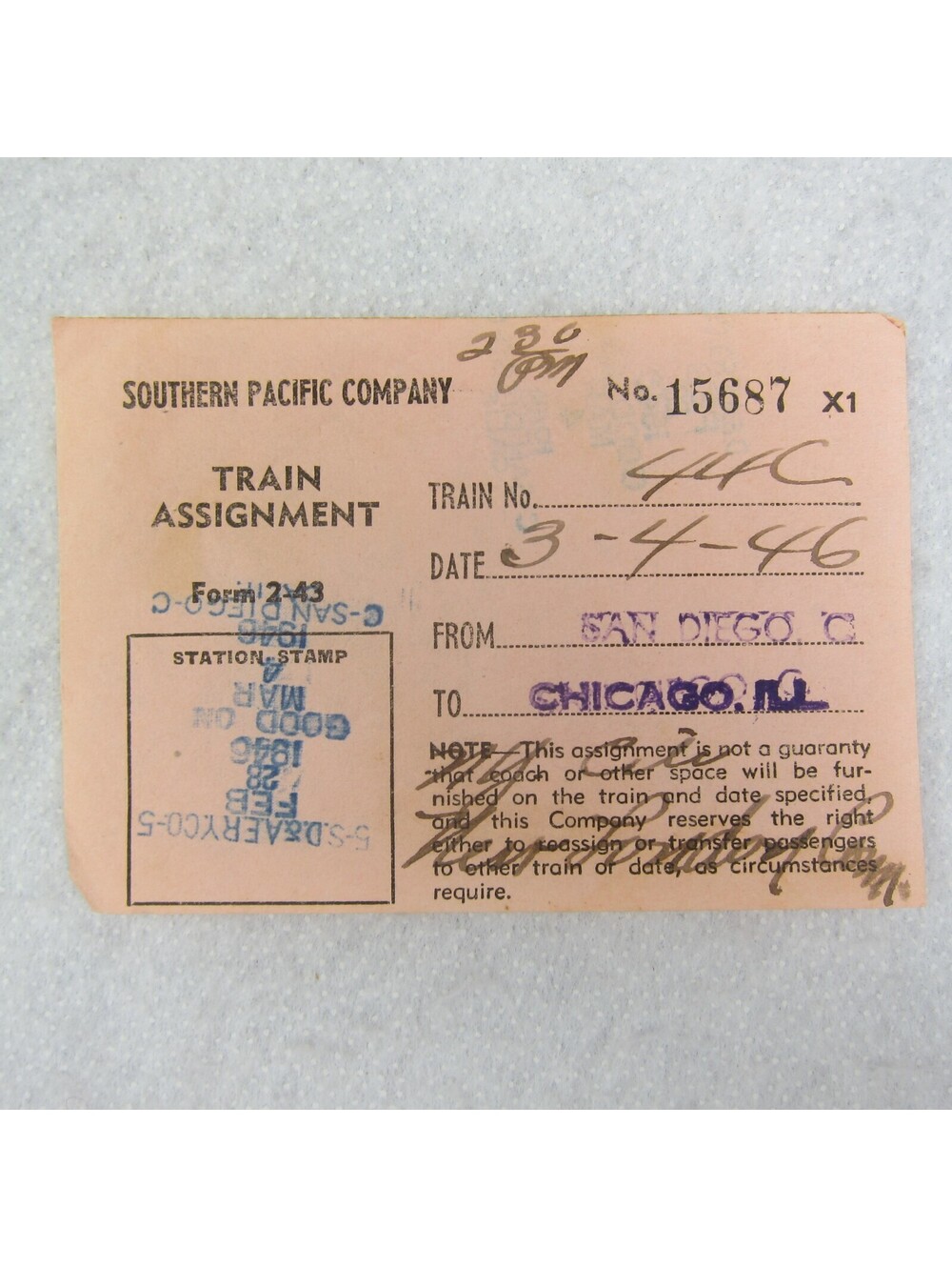 Southern Pacific Company Train Ticket Railroad San Diego to Chicago Vintage 1946